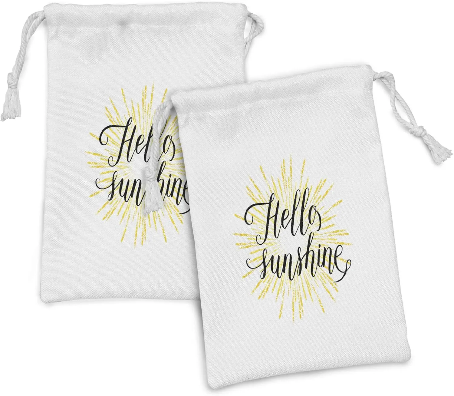 Ambesonne Hello Sunshine Fabric Pouch Set of 2, Hand Drawn Starburst Lines Calligraphic Uplifting Message Weathered Look, Small Drawstring Bag for Toiletries Masks and Favors, 9" x 6", Yellow Black