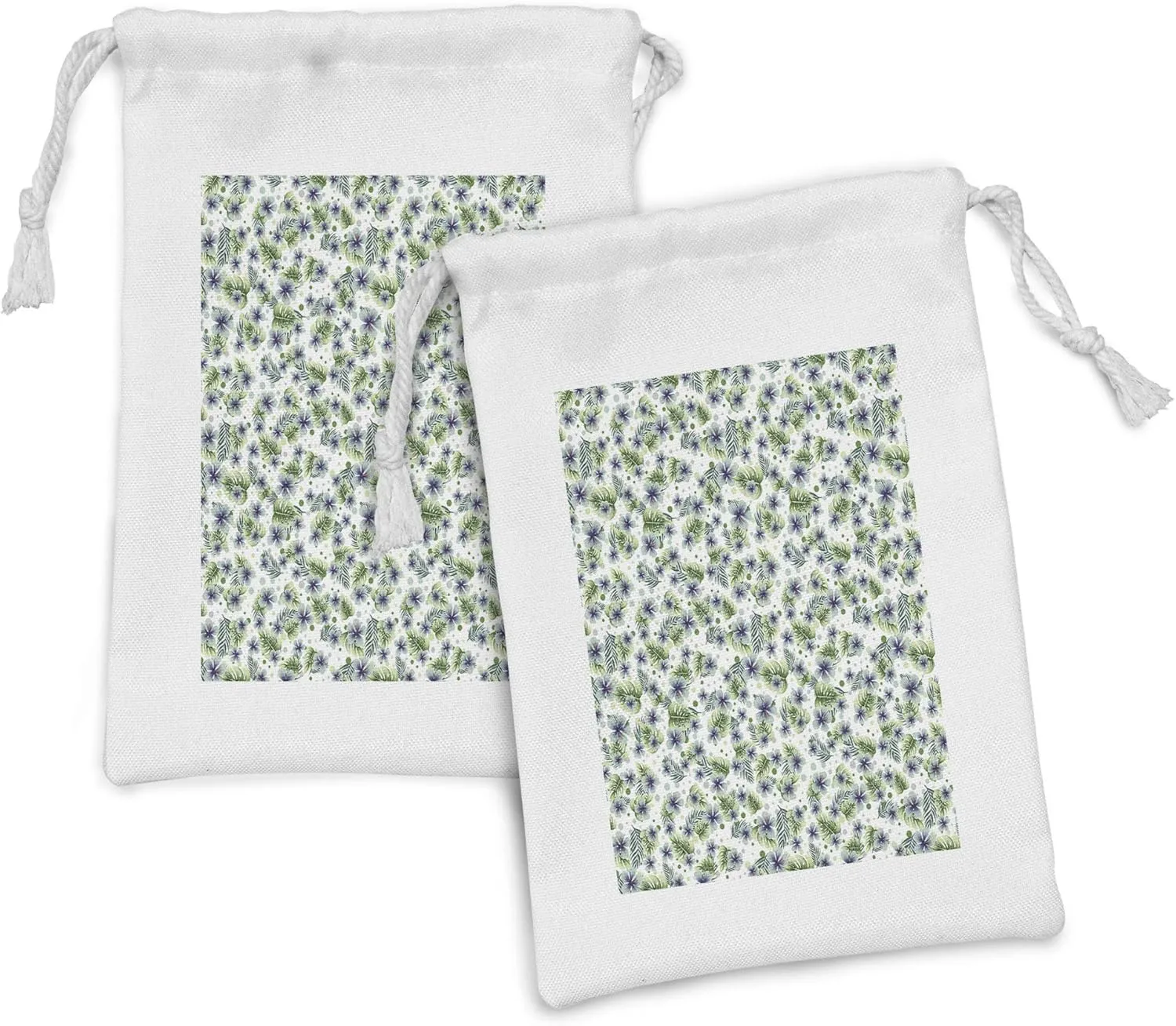 Ambesonne Hibiscus Fabric Pouch Set of 2, Summer Flourishes Hawaiian Leaves and Round Blots on Background, Small Drawstring Bag for Toiletries Masks and Favors, 9" x 6", Purple Green and Pale Seafoam