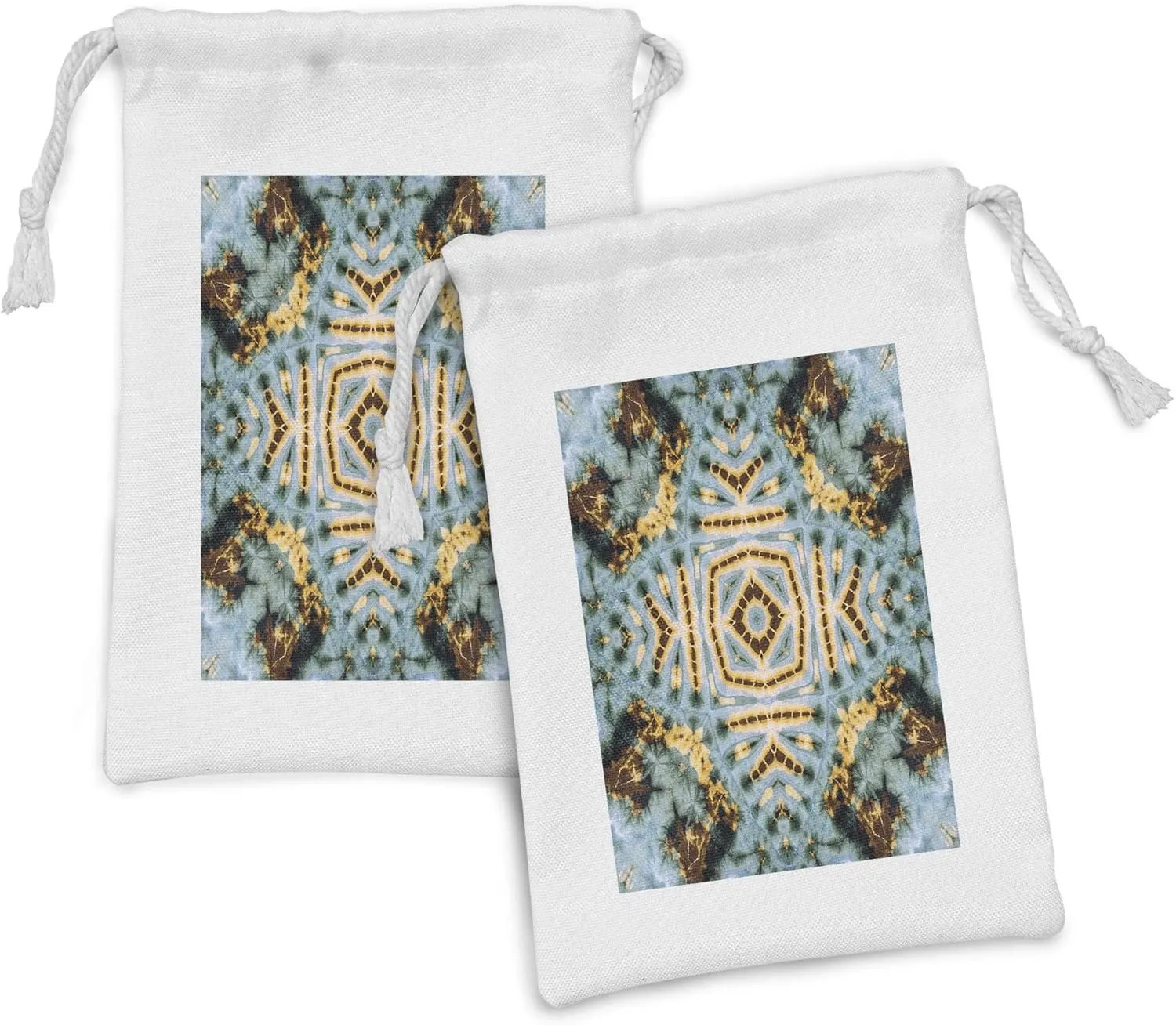Ambesonne Hippie Fabric Pouch Set of 2, Close up Effect Hippie Motif Maya Clan in Dirt Tones Counter Culture Print, Small Drawstring Bag for Toiletries Masks and Favors, 9" x 6", Yellow and Blue