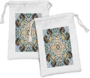 Ambesonne Hippie Fabric Pouch Set of 2, Close up Effect Hippie Motif Maya Clan in Dirt Tones Counter Culture Print, Small Drawstring Bag for Toiletries Masks and Favors, 9" x 6", Yellow and Blue