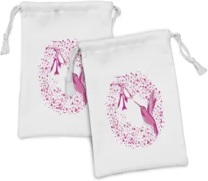 Ambesonne Hummingbird Fabric Pouch Set of 2, Hummingbird Flies to the Flower Polkadots Flourishes Summer Garden Artwork, Small Drawstring Bag for Toiletries Masks and Favors, 9" x 6", Pink Fuchsia