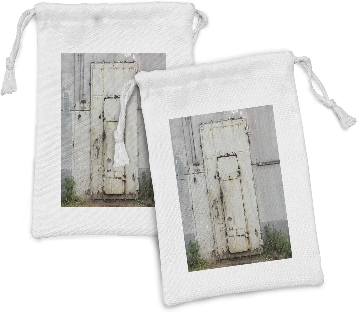 Ambesonne Industrial Fabric Pouch Set of 2, Closed Worn out Rusty Iron Door of an Abandoned Building Factory Picture, Small Drawstring Bag for Toiletries Masks and Favors, 9" x 6", Beige Brown Green
