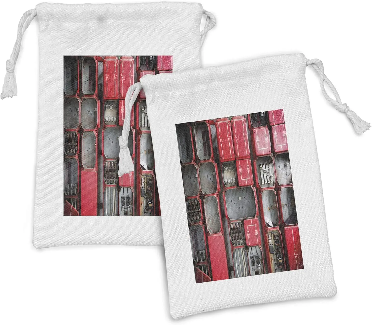 Ambesonne Industrial Fabric Pouch Set of 2, Fuse Cabinet Close up Photo Industrial Type Junction Cables Box Electricity, Small Drawstring Bag for Toiletries Masks and Favors, 9" x 6", Red White Grey