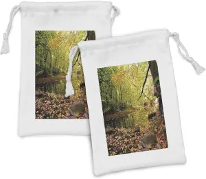 Ambesonne Landscape Fabric Pouch Set of 2, Pine River in Fall Forest Faded Maple Leaves Deciduous Trees in Autumn, Small Drawstring Bag for Toiletries Masks and Favors, 9" x 6", Green Yellow Cinnamon