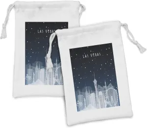 Ambesonne Las Vegas Fabric Pouch Set of 2, Winter Night Themed Nevada Casino City Skyscraper Silhouettes and Snows, Small Drawstring Bag for Toiletries Masks and Favors, 9" x 6", Night Blue Pale Grey