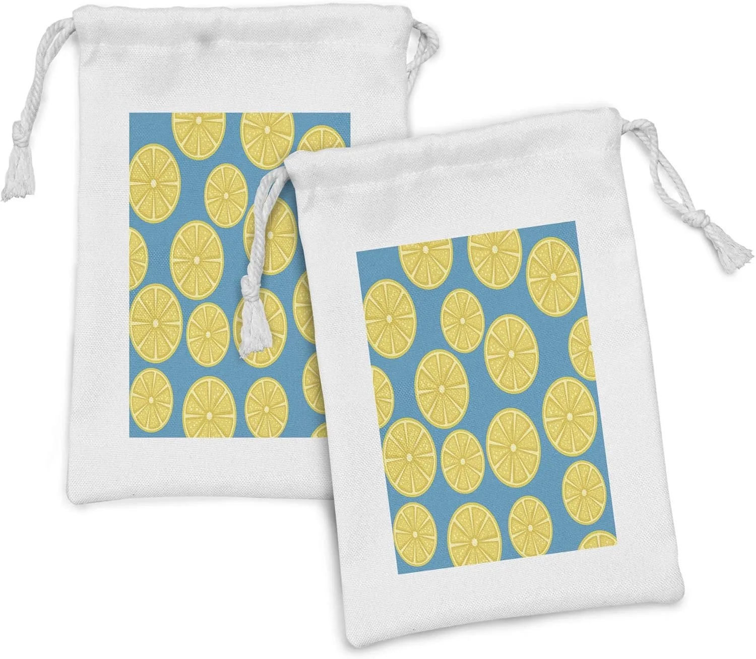 Ambesonne Lemons Fabric Pouch Set of 2, Citrus Slices Simplistic Summer Theme Tasty Refreshing Pattern, Small Drawstring Bag for Toiletries Masks and Favors, 9" x 6", Sea Blue Earth Yellow