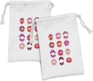 Ambesonne Lips Fabric Pouch Set of 2, Assortment of Colorful Qualitative Trace of Lipstick Imprints Romantic Kisses Concept, Small Drawstring Bag for Toiletries Masks and Favors, 9" x 6", Multicolor