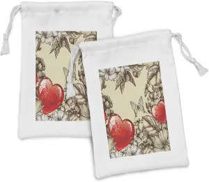 Ambesonne Love Fabric Pouch Set of 2, Pattern Valentine's Day with Flowers and Butterfly Holiday Love Antiquity Vintage, Small Drawstring Bag for Toiletries Masks and Favors, 9" x 6", Beige Brown Red