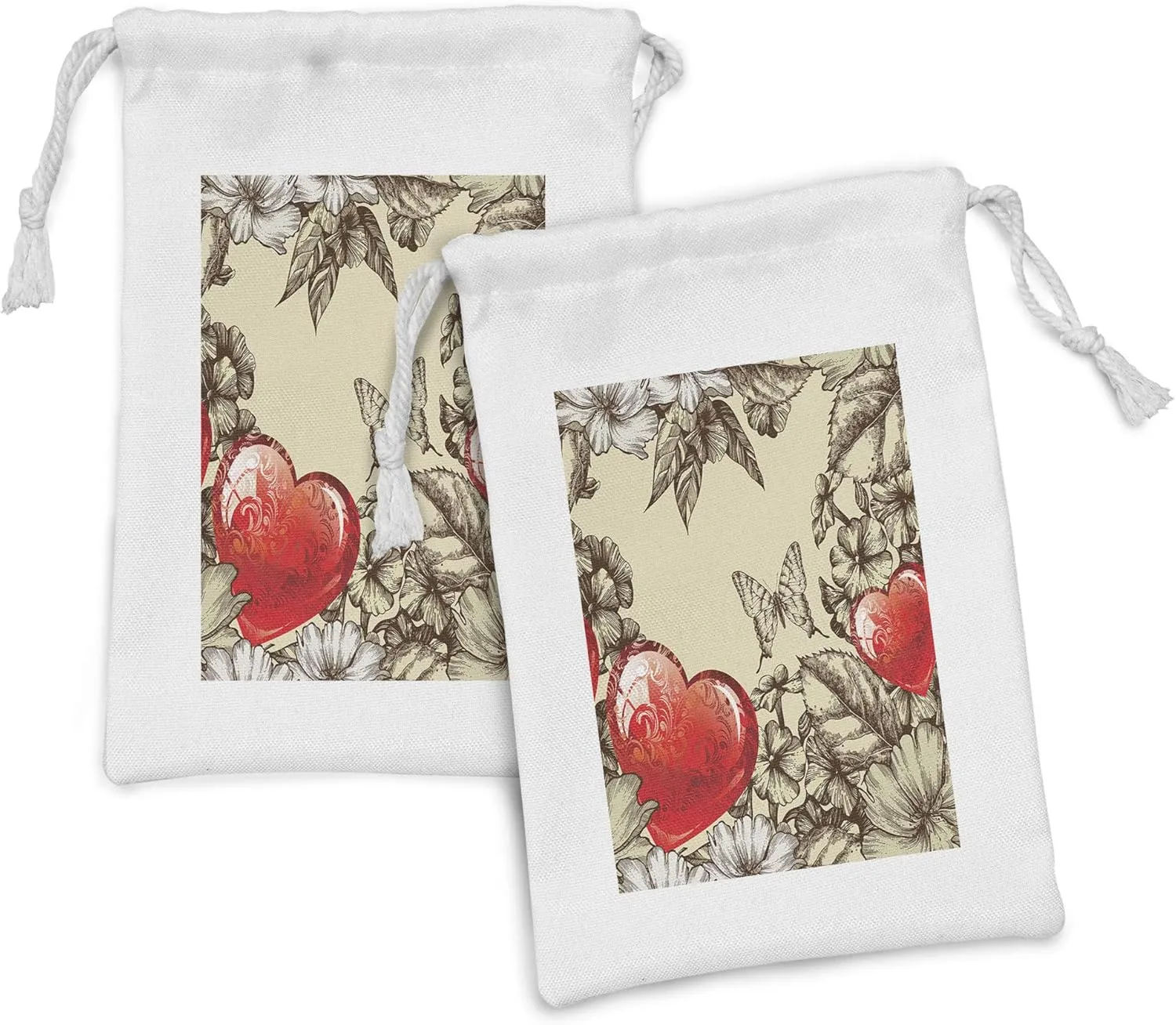 Ambesonne Love Fabric Pouch Set of 2, Pattern Valentine's Day with Flowers and Butterfly Holiday Love Antiquity Vintage, Small Drawstring Bag for Toiletries Masks and Favors, 9" x 6", Beige Brown Red