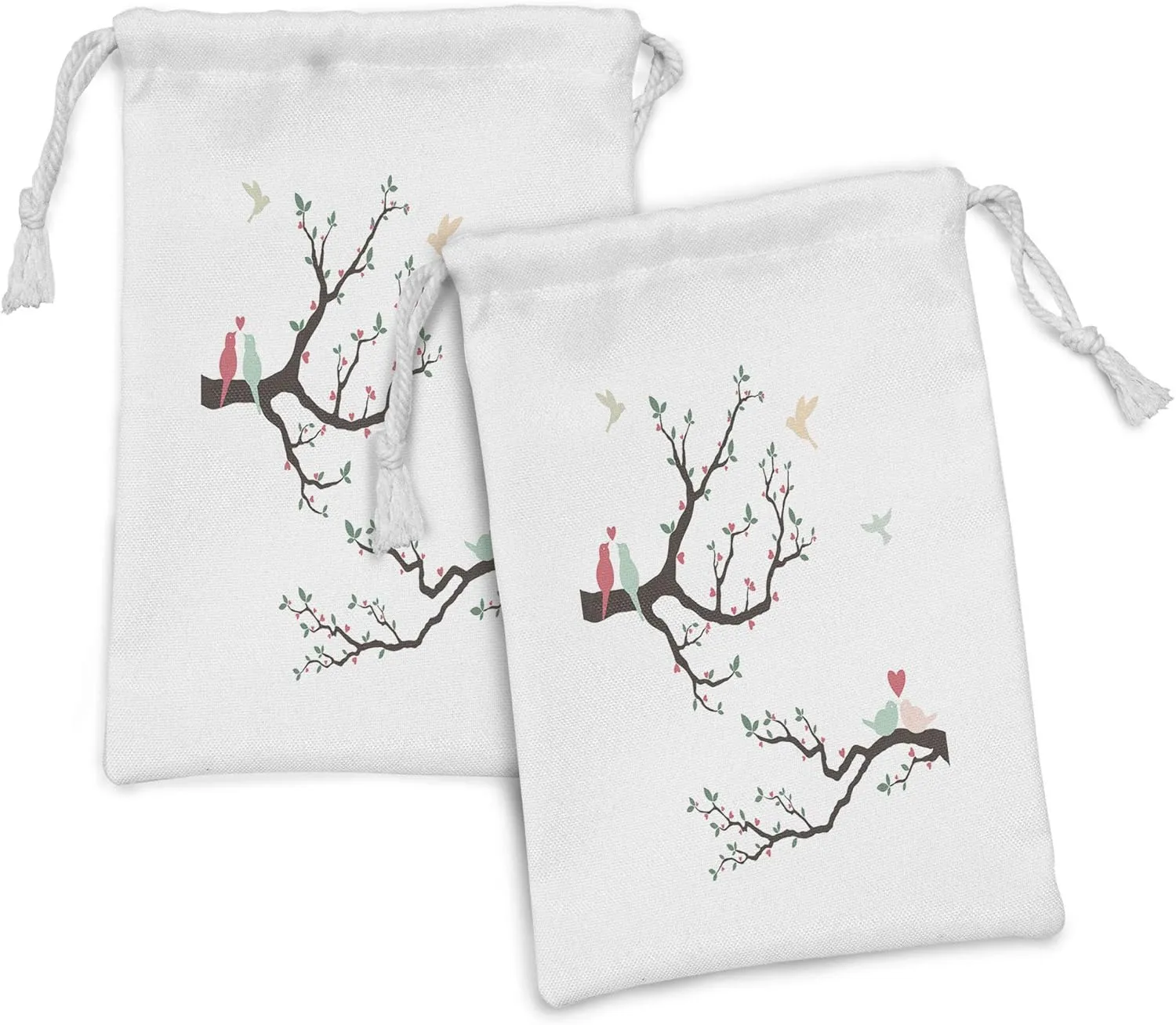 Ambesonne Love Fabric Pouch Set of 2, Retro Birds on the Tree Branch Serenade Nostalgic Partners Ceremony Love Romance, Small Drawstring Bag for Toiletries Masks and Favors, 9" x 6", Green Pink Brown