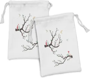 Ambesonne Love Fabric Pouch Set of 2, Retro Birds on the Tree Branch Serenade Nostalgic Partners Ceremony Love Romance, Small Drawstring Bag for Toiletries Masks and Favors, 9" x 6", Green Pink Brown