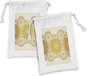 Ambesonne Mandala Fabric Pouch Set of 2, Border with Large Flowers and Curls Chrysanthemums Peonies Rococo Style, Small Drawstring Bag for Toiletries Masks and Favors, 9" x 6", Eggshell Earth Yellow