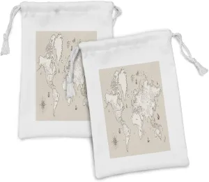 Ambesonne Map Fabric Pouch Set of 2, High Detailed World Mapping Along Atlantic Ocean Pacific Geographic Treasure Concept, Small Drawstring Bag for Toiletries Masks and Favors, 9" x 6", Beige Ivory