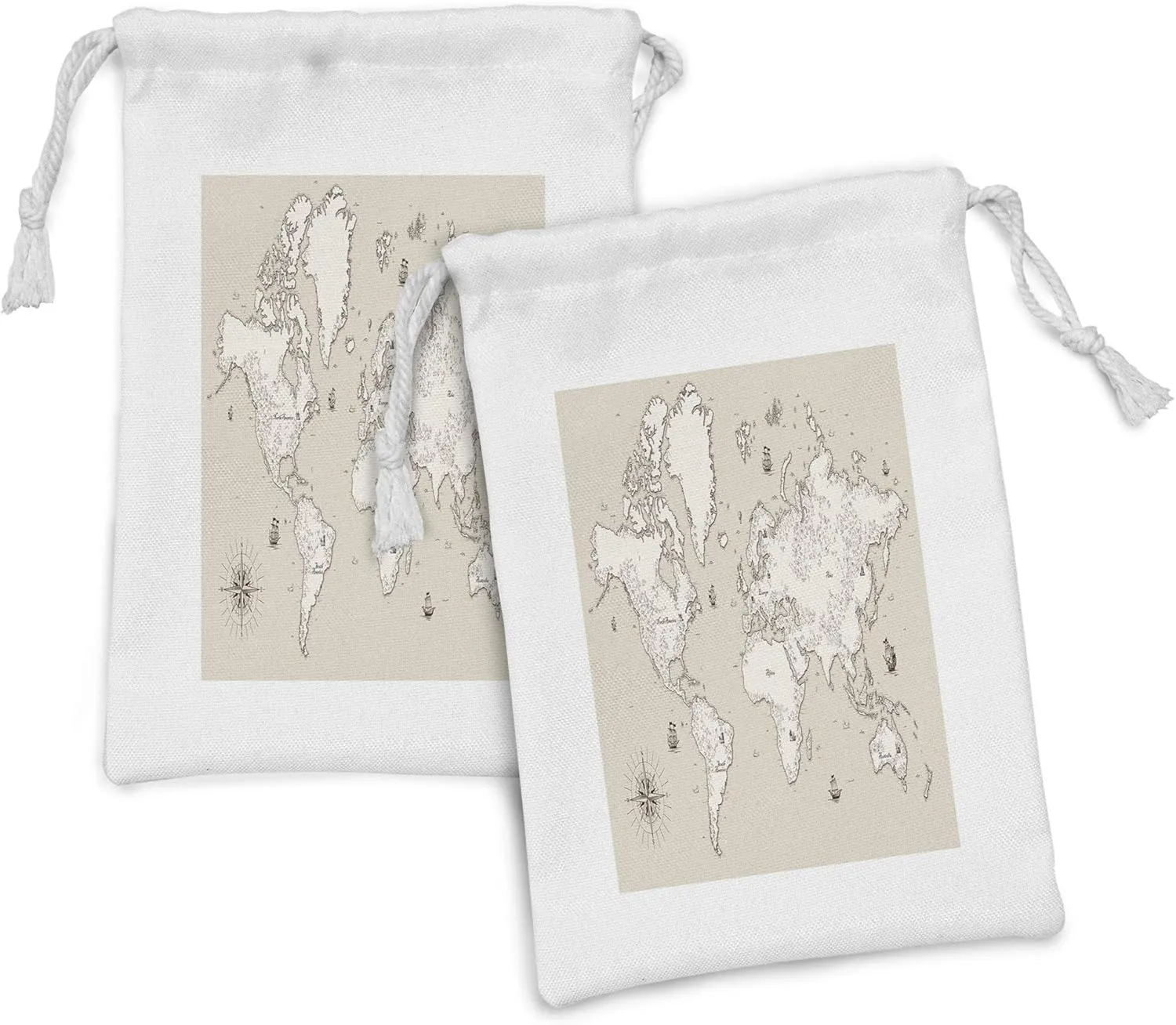 Ambesonne Map Fabric Pouch Set of 2, High Detailed World Mapping Along Atlantic Ocean Pacific Geographic Treasure Concept, Small Drawstring Bag for Toiletries Masks and Favors, 9" x 6", Beige Ivory