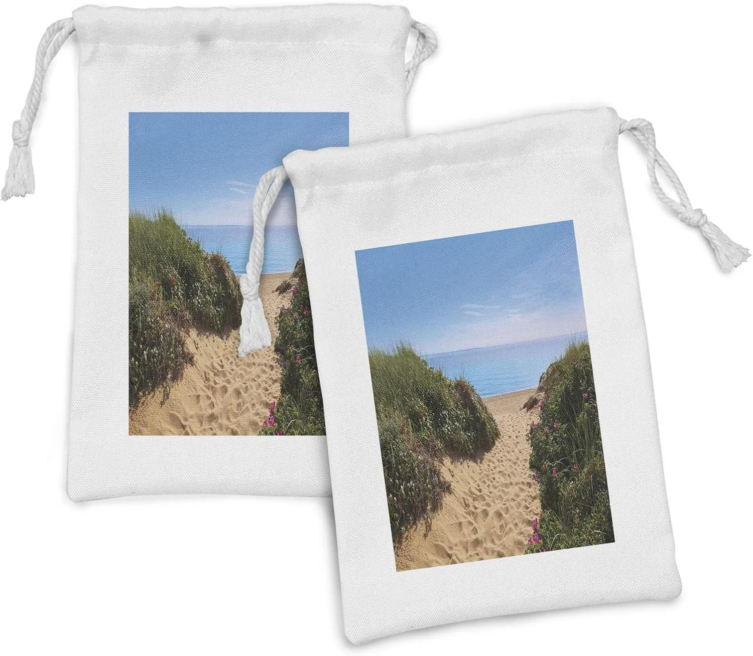 Ambesonne Massachusetts Fabric Pouch Set of 2, Cape Cod Herring Cove Beach in Boston United States of America Touristic, Small Drawstring Bag for Toiletries Masks and Favors, 9" x 6", Multicolor