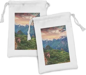 Ambesonne Mountain Fabric Pouch Set of 2, Summer Morning of Grossglockner High Alpine Road Austrian Dramatic Sunset, Small Drawstring Bag for Toiletries Masks and Favors, 9" x 6", Coral Teal Green
