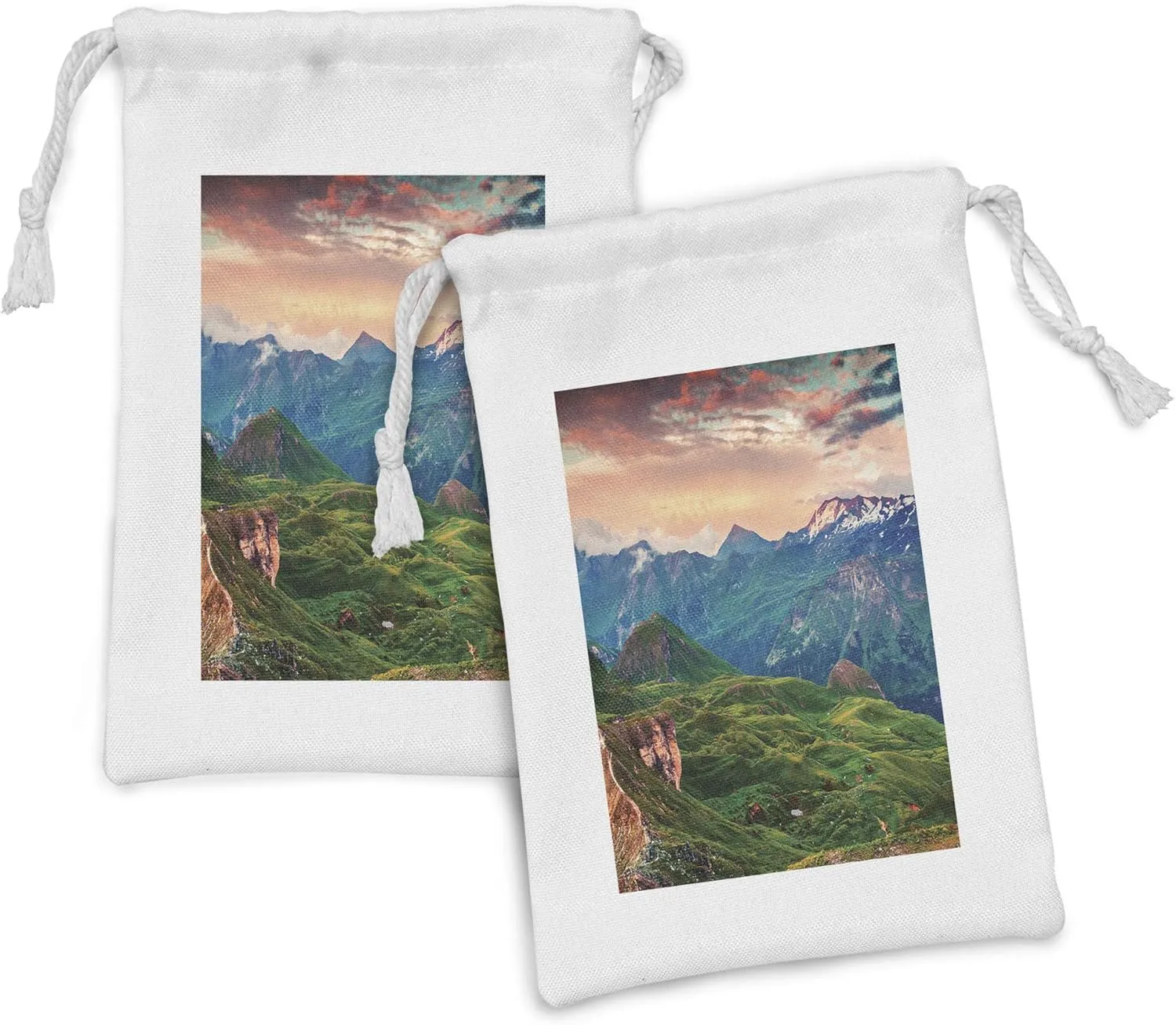 Ambesonne Mountain Fabric Pouch Set of 2, Summer Morning of Grossglockner High Alpine Road Austrian Dramatic Sunset, Small Drawstring Bag for Toiletries Masks and Favors, 9" x 6", Coral Teal Green