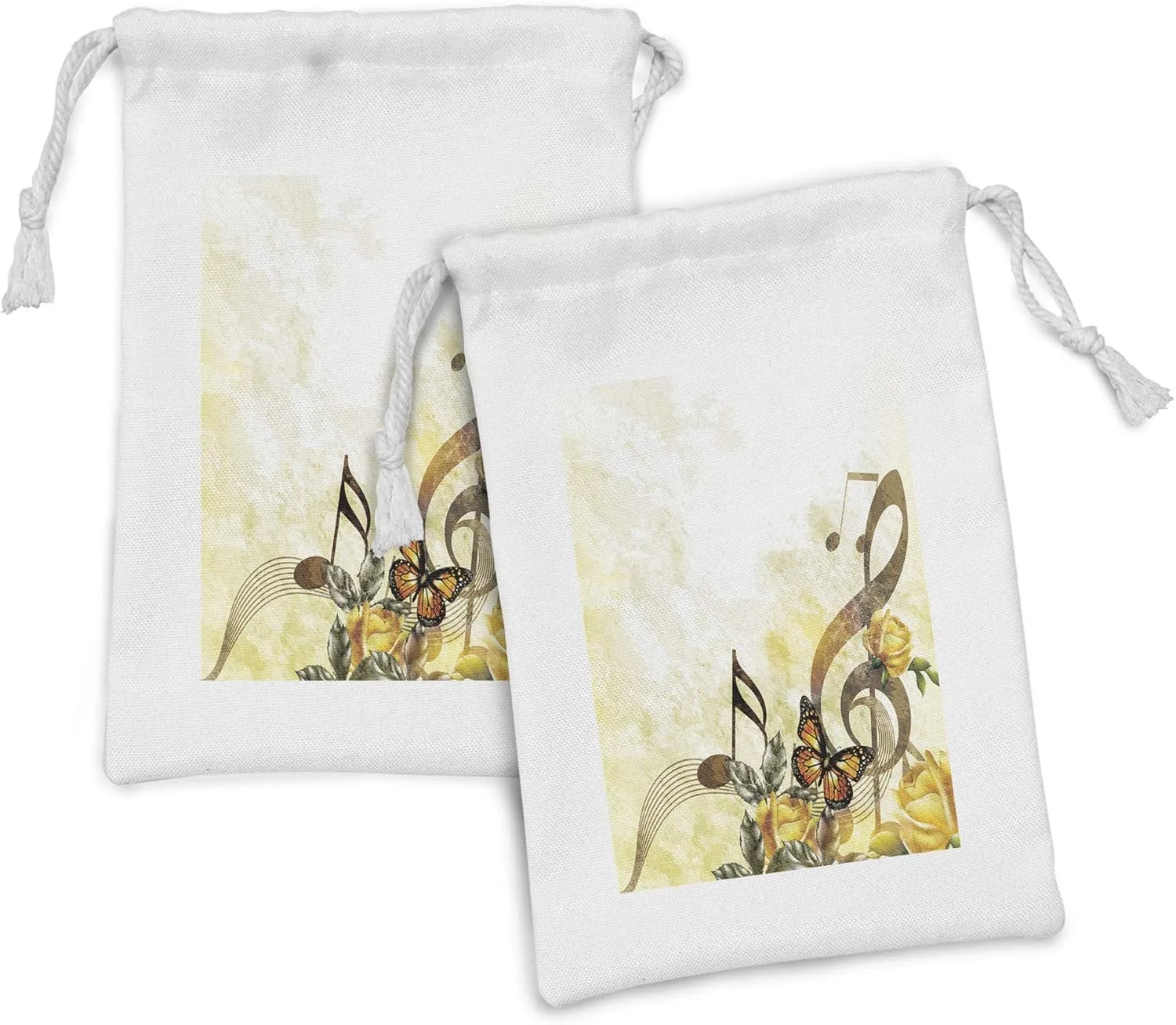 Ambesonne Music Fabric Pouch Set of 2, Music Roses Romantic Antiquity Victorian Classic Bridal Floral Illustration, Small Drawstring Bag for Toiletries Masks and Favors, 9" x 6", Sepia and Yellow