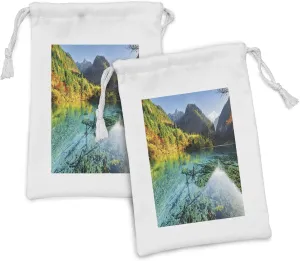 Ambesonne Nature Fabric Pouch Set of 2, Idyllic Mountain Creek Crystal Water Forest Pastoral Rural Landscape, Small Drawstring Bag for Toiletries Masks and Favors, 9" x 6", Teal Fern Green Marigold