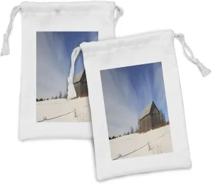 Ambesonne Nature Scene Fabric Pouch Set of 2, Rural Themed Photo of Abandoned Barn at Snowy Winder Field, Small Drawstring Bag for Toiletries Masks and Favors, 9" x 6", Sea Blue Eggshell