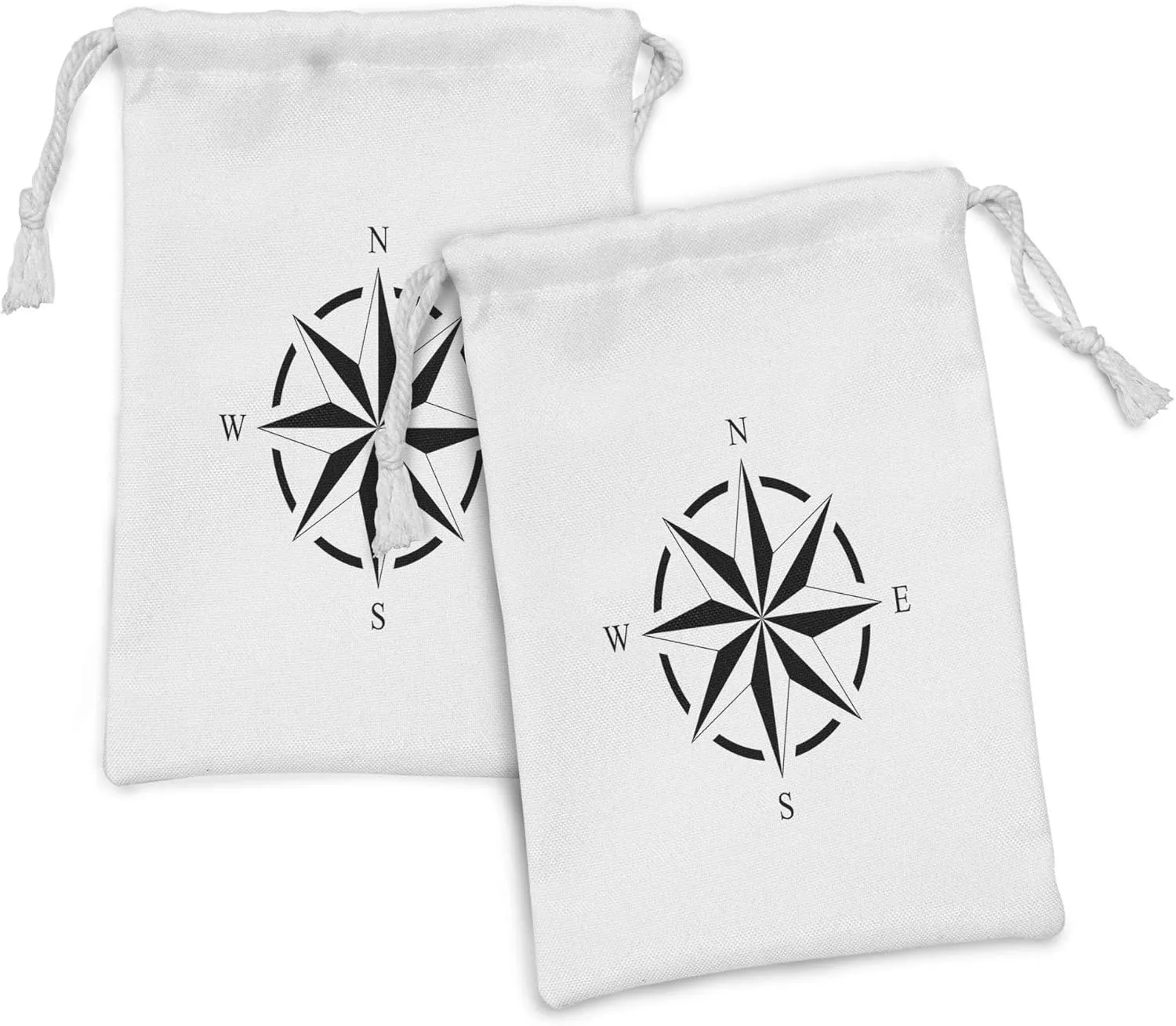 Ambesonne Nautical Party Fabric Pouch Set of 2, Illustration of a Monochrome Compass Showing North South East West, Small Drawstring Bag for Toiletries Masks and Favors, 9" x 6", Charcoal Grey White