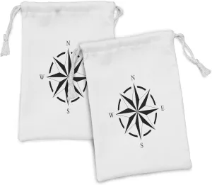 Ambesonne Nautical Party Fabric Pouch Set of 2, Illustration of a Monochrome Compass Showing North South East West, Small Drawstring Bag for Toiletries Masks and Favors, 9" x 6", Charcoal Grey White