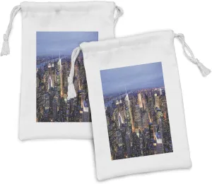 Ambesonne New York Fabric Pouch Set of 2, Aerial View of NYC Full of Skyscrapers Manhattan Times Square Famous Cityscape Panorama, Small Drawstring Bag for Toiletries Masks and Favors, 9" x 6", Blue