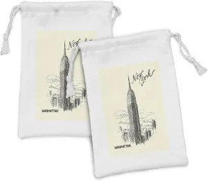 Ambesonne New York Fabric Pouch Set of 2, Urban Design Architecture Theme Skyscrapers in Manhattan Illustration Art, Small Drawstring Bag for Toiletries Masks and Favors, 9" x 6", Black Eggshell