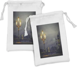 Ambesonne Night Fabric Pouch Set of 2, Westminster Bridge London City UK Stormy Moody Weather European Urban Travel, Small Drawstring Bag for Toiletries Masks and Favors, 9" x 6", Pale Grey Yellow