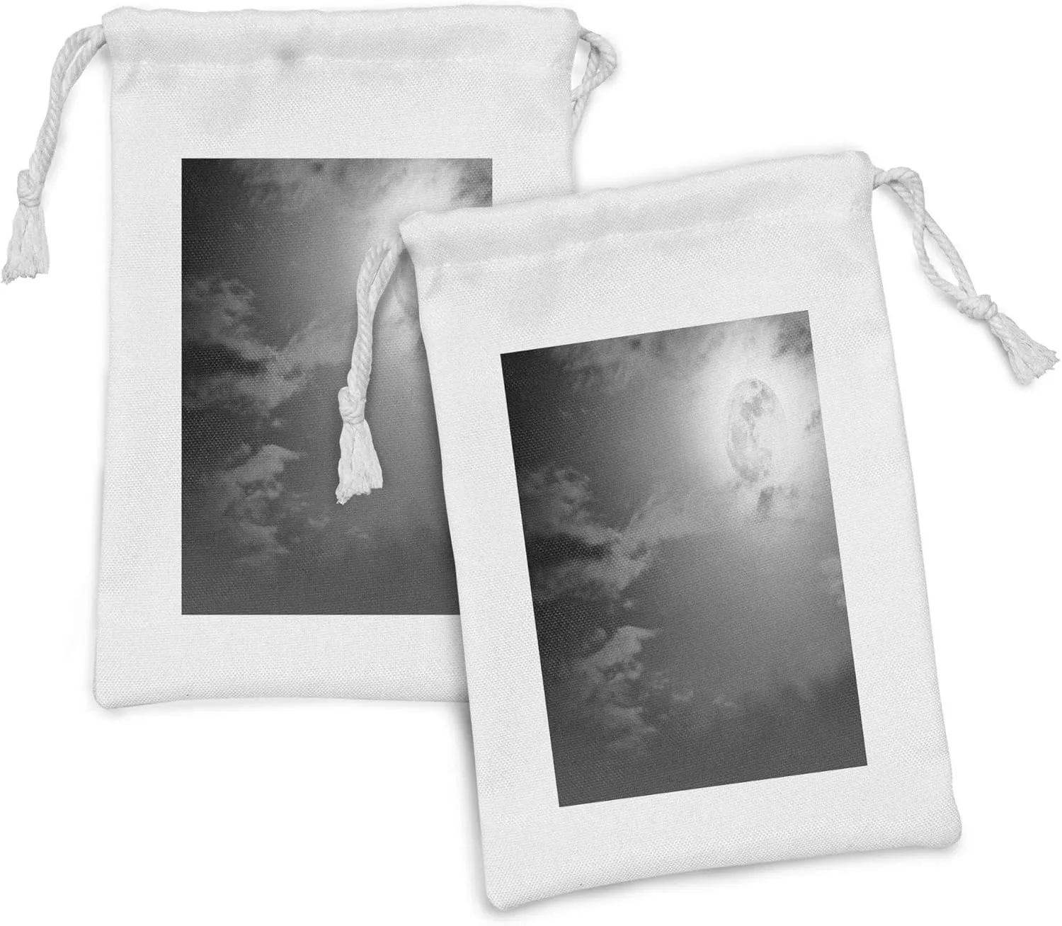 Ambesonne Night Sky Fabric Pouch Set of 2, Full Moon and Clouds Midnight View Vintage Black and White Style Dramatic Scene, Small Drawstring Bag for Toiletries Masks and Favors, 9" x 6", Black White