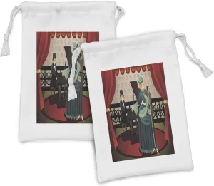Ambesonne Opera Fabric Pouch Set of 2, Historic Clothes Woman Singer and Pianist Performing on Stage Cartoon Illustration, Small Drawstring Bag for Toiletries Masks and Favors, 9" x 6", Multicolor