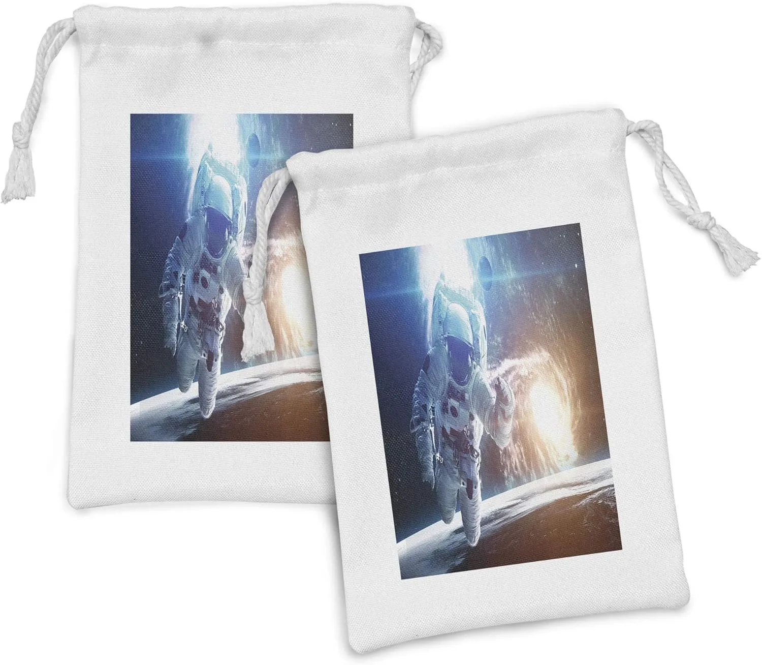 Ambesonne Outer Space Fabric Pouch Set of 2, Spaceman in the Galaxy in Front of Nebula Gas Cloud Interstellar Art Print, Small Drawstring Bag for Toiletries Masks and Favors, 9" x 6", Blue Yellow