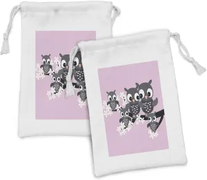 Ambesonne Owl Print Fabric Pouch Set of 2, Interpretation of a Family on a Tree Branch, Small Drawstring Bag for Toiletries Masks and Favors, 9" x 6", Pale Pink Dark Grey
