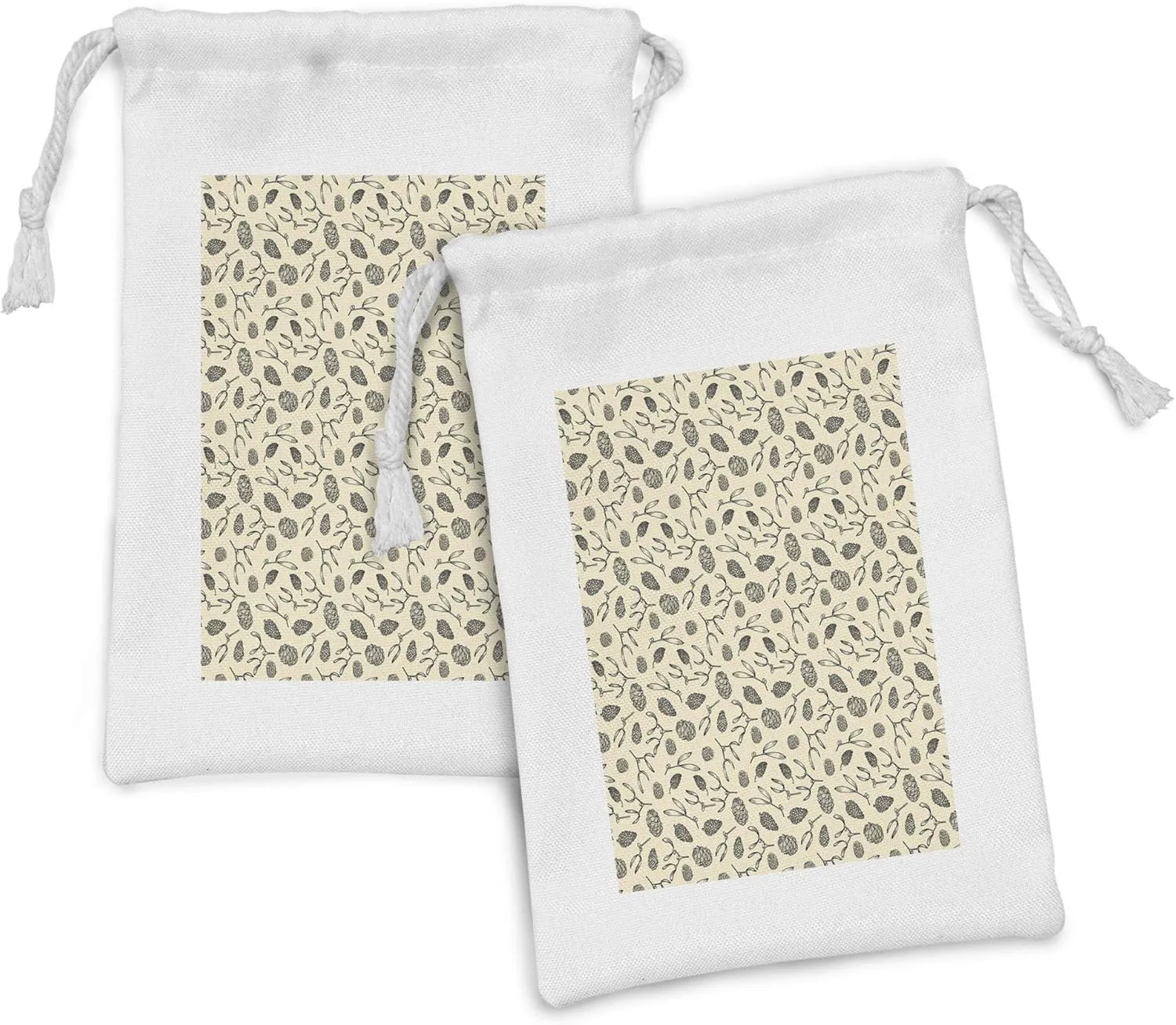Ambesonne Pine Cone Fabric Pouch Set of 2, Poinsettia Mistletoe Berry Branch Spruce Tree Twigs Growth Woodland Theme Print, Small Drawstring Bag for Toiletries Masks and Favors, 9" x 6", Cream Taupe