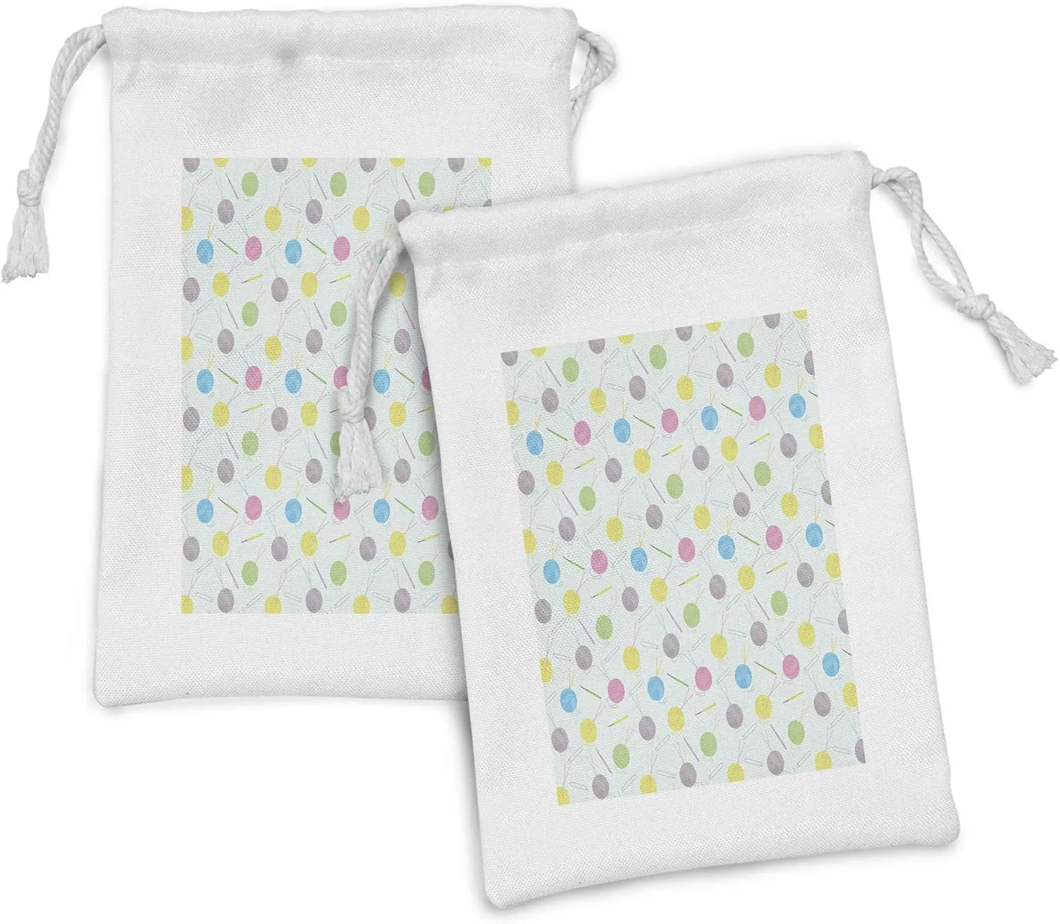 Ambesonne Retro Fabric Pouch Set of 2, Elements Handicraft Balls of Yarn Pins Hooks Needlework and Coil Clew Composition, Small Drawstring Bag for Toiletries Masks and Favors, 9" x 6", Multicolor