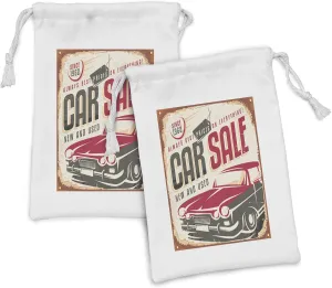Ambesonne Retro Fabric Pouch Set of 2, Nostalgic Car Sale Sign New and Used Auto Advertising American Style Urban Life, Small Drawstring Bag for Toiletries Masks and Favors, 9" x 6", Cream Grey Red