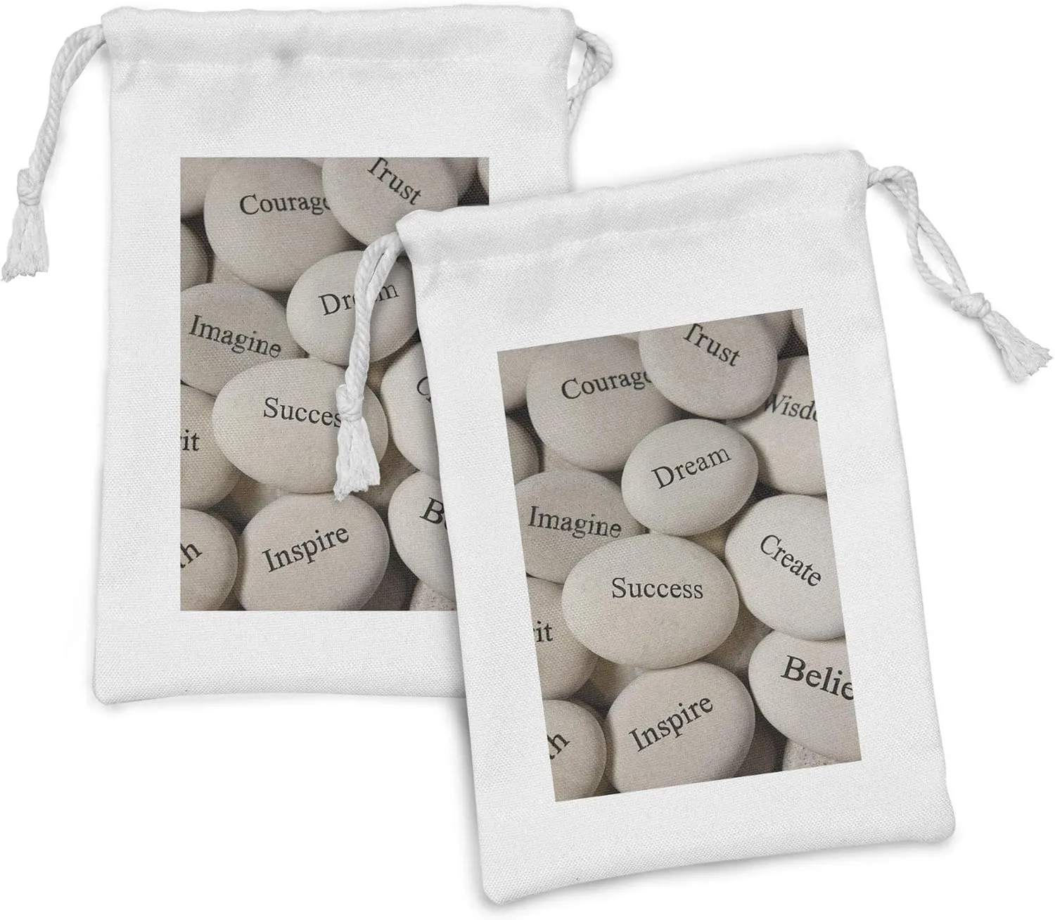 Ambesonne Rock Fabric Pouch Set of 2, Courage Imagine Trust Wisdom Success Inspire Phrases Wording, Small Drawstring Bag for Toiletries Masks and Favors, 9" x 6", Dust and Dark Eggshell