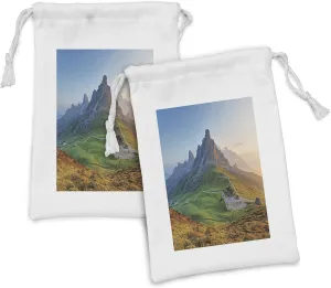 Ambesonne Rustic Fabric Pouch Set of 2, Sunrise at Dolomites Mountains Greenland Hillside Houses Natural Life, Small Drawstring Bag for Toiletries Masks and Favors, 9" x 6", Fern Green Multicolor