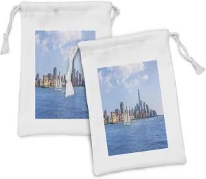 Ambesonne Sailboat Fabric Pouch Set of 2, Manhattan Skyline New York Sunshine USA Clear Sky Tower Skyscraper Photography, Small Drawstring Bag for Toiletries Masks and Favors, 9" x 6", Blue Grey