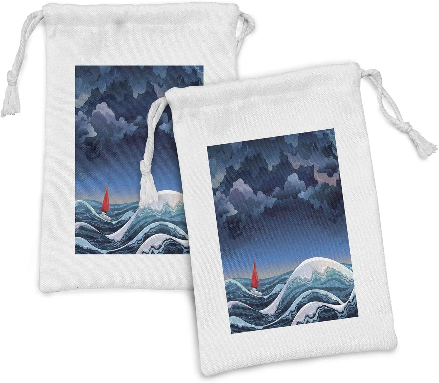 Ambesonne Sailboat Fabric Pouch Set of 2, Night Seascape with Sailboat and Stormy Dramatic Sky Cartoon Illustration, Small Drawstring Bag for Toiletries Masks and Favors, 9" x 6", Petrol Blue Teal