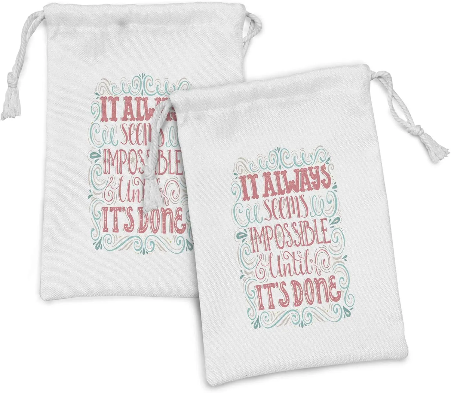 Ambesonne Saying Fabric Pouch Set of 2, Hand Drawn Swirls and Curls It Seems Impossible Until Its Done, Small Drawstring Bag for Toiletries Masks and Favors, 9" x 6", Dark Coral Pale Blue