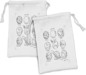 Ambesonne Science Fabric Pouch Set of 2, Planets of Solar System Sun Mercury Earth Moon Mars Neptune Saturn Jupiter Science, Small Drawstring Bag for Toiletries Masks and Favors, 9" x 6", Black White