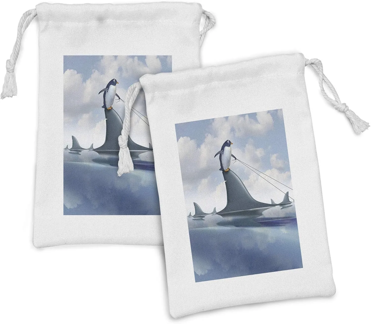 Ambesonne Shark Fabric Pouch Set of 2, Fear Management Leadership Concept with a Penguin Holding Shark Humor Design, Small Drawstring Bag for Toiletries Masks and Favors, 9" x 6", Blue Grey Dust
