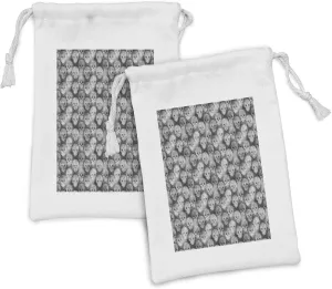 Ambesonne Skull Fabric Pouch Set of 2, Knitting Chevron Texture with Brainpan Head Bone Ghostly Creepy Pattern Image, Small Drawstring Bag for Toiletries Masks and Favors, 9" x 6", Grey Black White