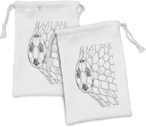 Ambesonne Soccer Fabric Pouch Set of 2, Soccer Ball in Net Goaly Position Sports Competition Spectators Hand Drawn Style, Small Drawstring Bag for Toiletries Masks and Favors, 9" x 6", Black White