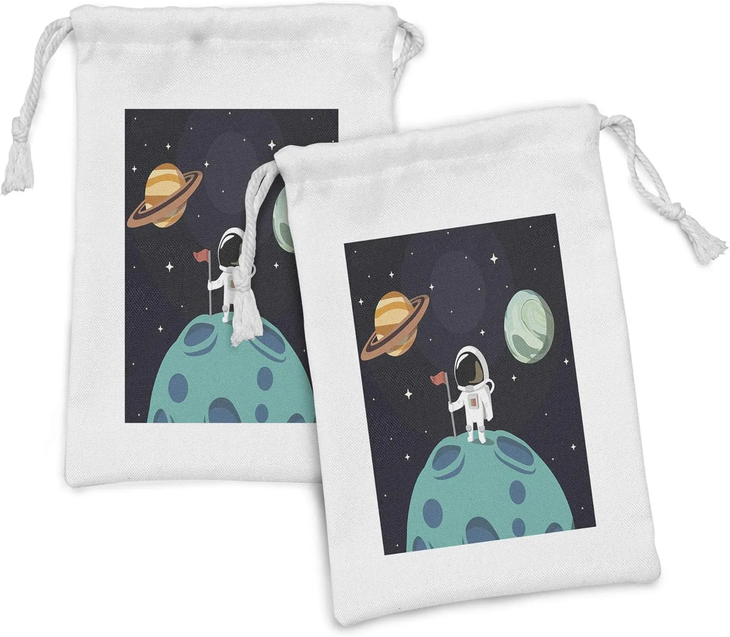 Ambesonne Space Fabric Pouch Set of 2, Planets Earth Mercury Galaxy Neptune Pluto Jupiter Adventure Futuristic Print, Small Drawstring Bag for Toiletries Masks and Favors, 9" x 6", Multicolor