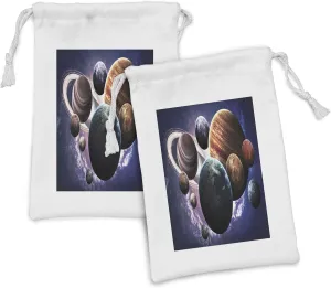 Ambesonne Space Fabric Pouch Set of 2, Solar System Planets All Together in Space Mercury Jupiter Globe Saturn Universe, Small Drawstring Bag for Toiletries Masks and Favors, 9" x 6", Multicolor