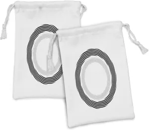 Ambesonne Spires Fabric Pouch Set of 2, Abstract Circular Element with Interlace Spinning Concentric Rings Simplistic Artwork, Small Drawstring Bag for Toiletries Masks and Favors, 9" x 6", Black