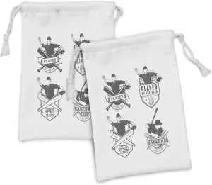Ambesonne Sports Fabric Pouch Set of 2, Vintage Baseball and Softball with Championship Winner Victory Theme, Small Drawstring Bag for Toiletries Masks and Favors, 9" x 6", Charcoal Grey White