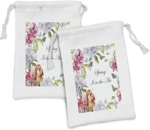 Ambesonne Spring Fabric Pouch Set of 2, Hyacintha Flowers Rabbits Orchid Butterfly Leaves Botany Bouquet Watercolor Art, Small Drawstring Bag for Toiletries Masks and Favors, 9" x 6", Multicolor